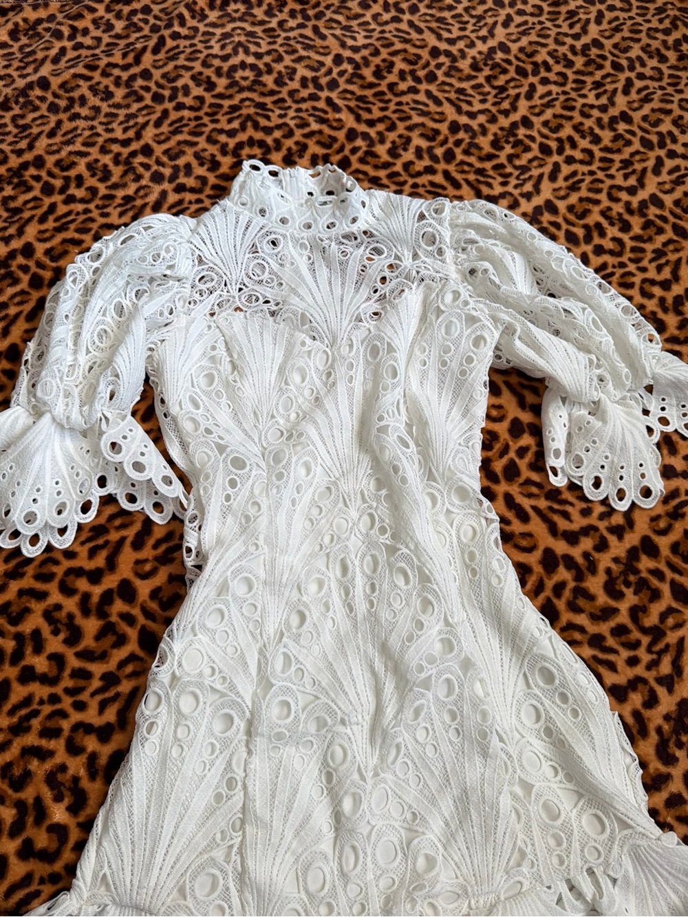 Fashion Nova Elegant White Eyelet Lace High-Neck Dress